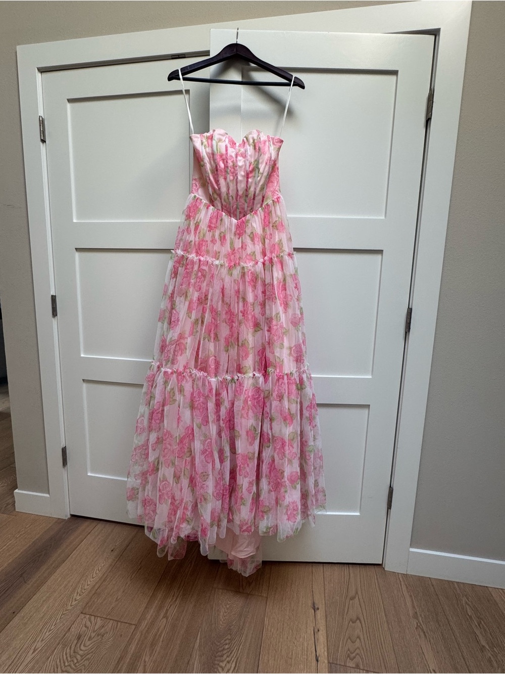 Strapless Pink Floral Tiered Maxi Dress with Spaghetti Straps